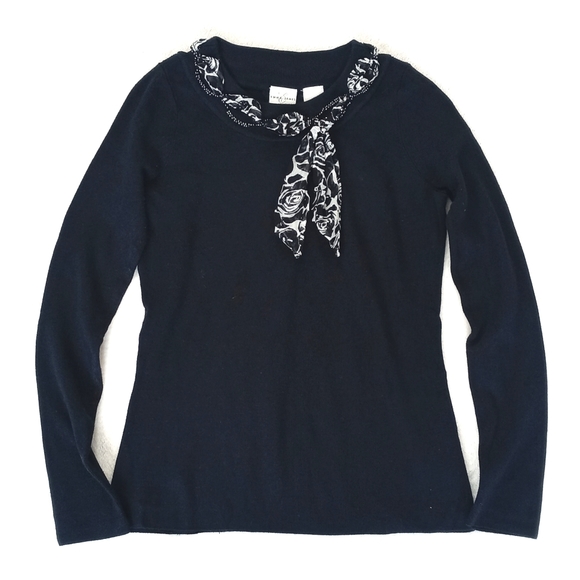 Emma James Nylon Rayon Deep Navy Blue Long Sleeve Sweater Silk Beaded Bow Trim S - Picture 6 of 10